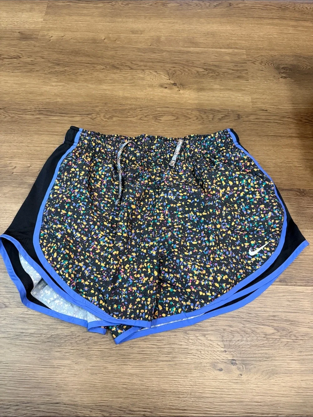 Nike Black Multicolor Confetti Athletic Running Shorts with Blue Trim